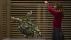 Kurator yang bertanggung jawab atas Galerie des moulages di Cité de l'architecture et du patrimoine, Isabelle Marquette, menempatkan panel kaca di sekitar ayam jantan yang berada di atas puncak menara katedral Notre-Dame, di Paris, Jumat, 15 Desember 2023. (AP Photo/Thibault Camus)