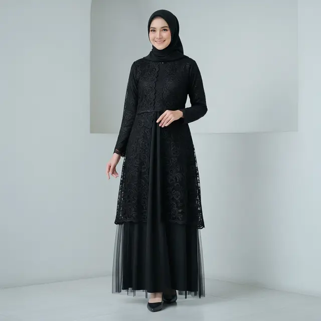 Model Gamis Kombinasi Brokat Hitam