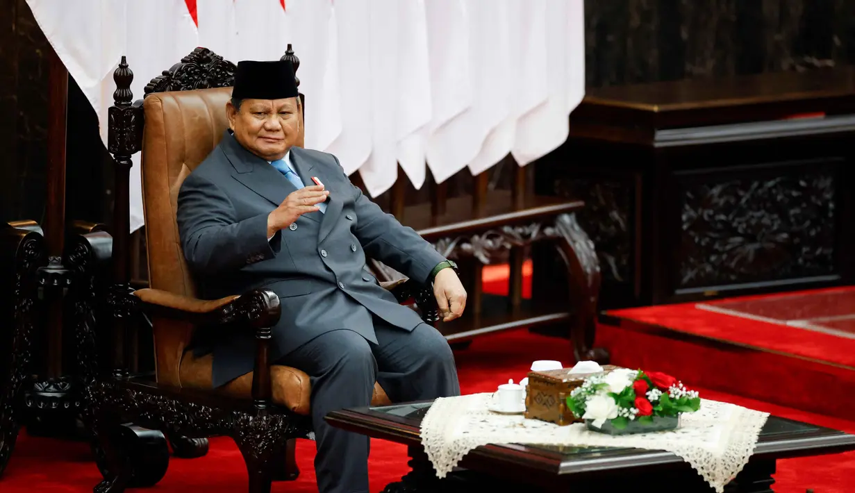 Presiden Republik Indonesia Prabowo Subianto juga dijadwalkan menghadiri serta mengikuti Rapat Paripurna Dewan Perwakilan Rakyat (DPR) Masa Persidangan I Tahun Sidang 2025-2026. (Ajeng Dinar Ulfiana/POOL/AFP)