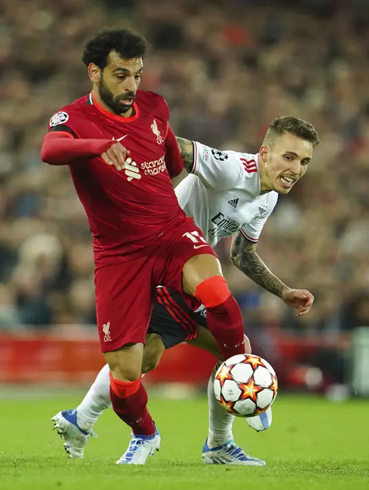 Pemain Liverpool Mohamed Salah (kiri) berebut bola dengan pemain Benfica Alex Grimaldo pada pertandingan sepak bola leg kedua perempat final Liga Champions di Stadion Anfield, Liverpool, Inggris, 13 April 2022. Pertandingan berakhir dengan skor 3-3. (AP Photo/Jon Super)