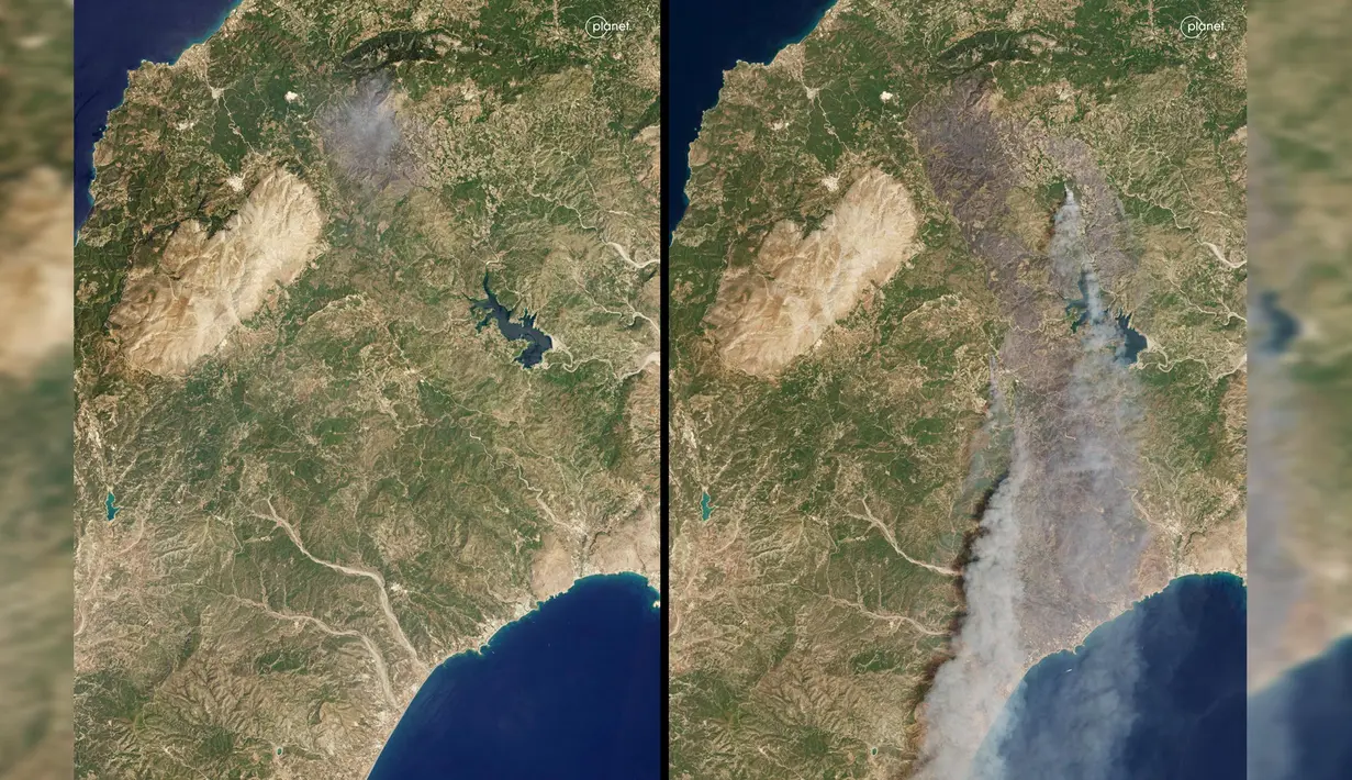 Kombinasi citra satelit yang disediakan oleh Planet Labs PBC dan diambil pada Kamis, 20 Juli 2023 di sebelah kiri dan Minggu, 23 Juli 2023 menunjukkan luasnya kebakaran hutan di sebagian pulau Rhodes, Yunani. (Planet Labs PBC via AP)