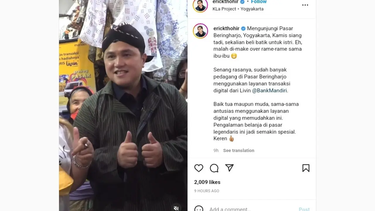 Menteri BUMN Erick Thohir membagikan momen lucu ketika mengunjungi pasar Beringharjo, Yogyakarta.