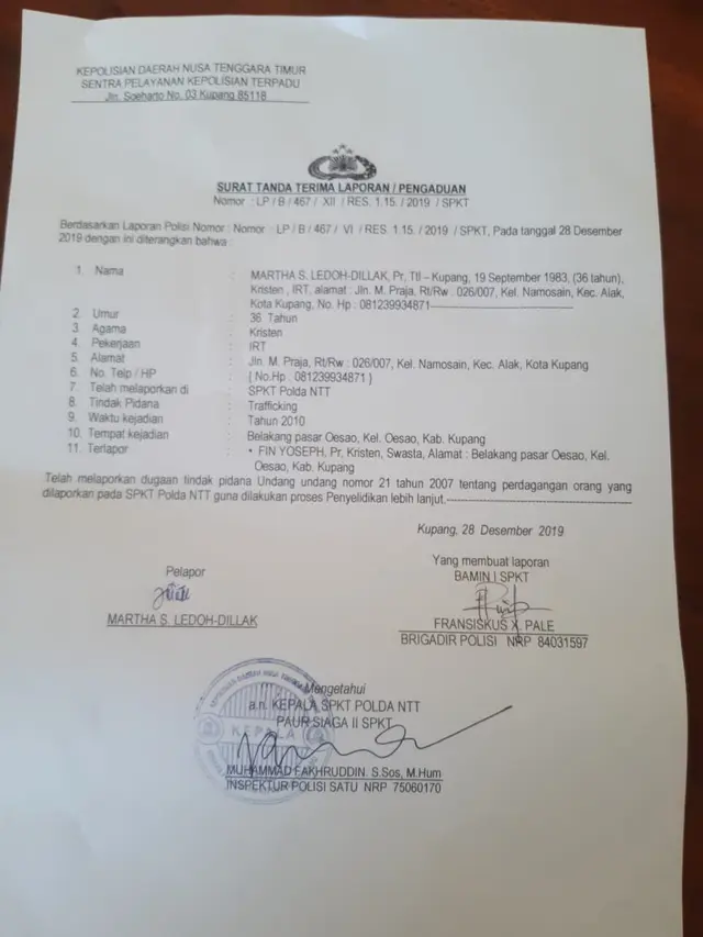 Surat laporan dugaan human trafficiking. (Foto: Liputan6.com/Ola Keda)