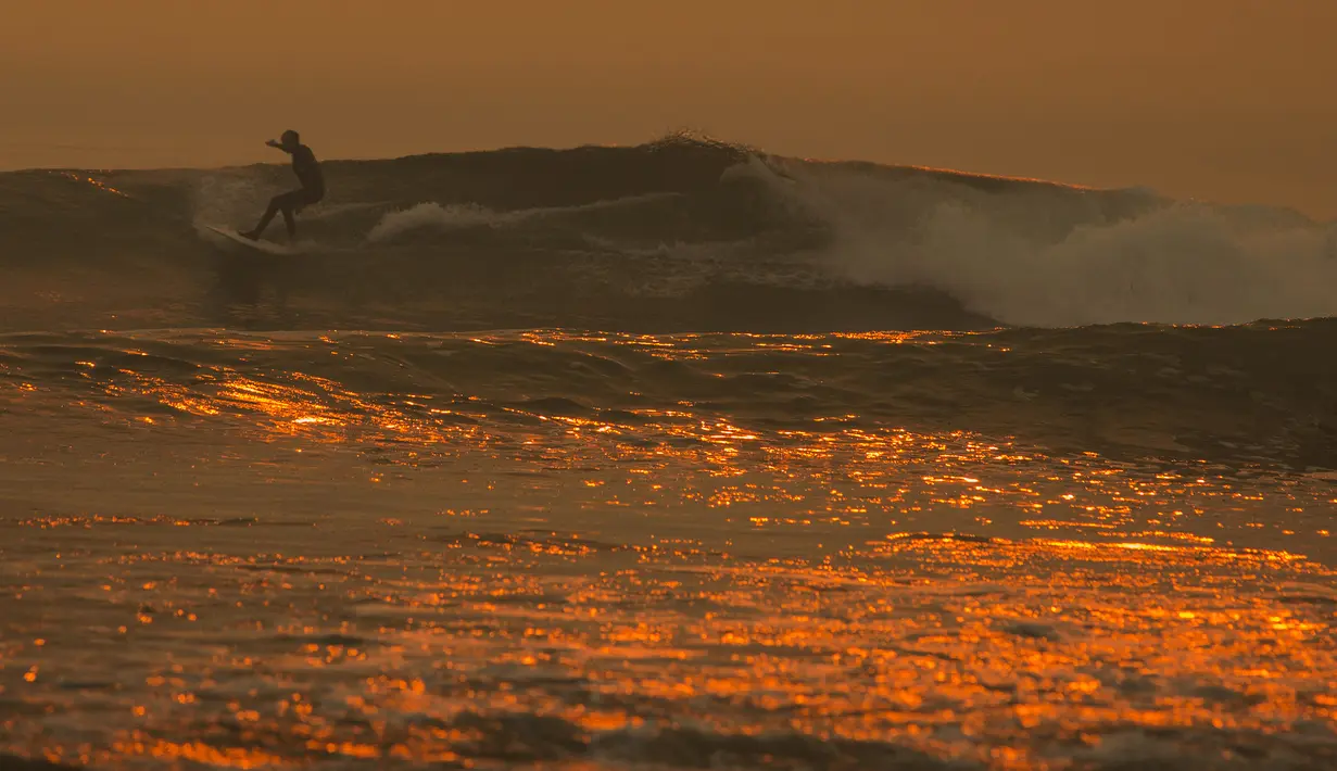 Seorang pria berselancar di pantai Carpinteria yang berwarna oranye keemasan di California (12/12). Warnya oranye tersebut karena cahaya matahari yang terhalang oleh asap kebakaran dari Api Thomas. (David McNew / Getty Images / AFP)