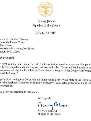 Surat undangan Nancy Pelosi kepada Donald Trump untuk memberikan pidato kenegaraan di tengah tegangnya pemakzulan Presiden AS.