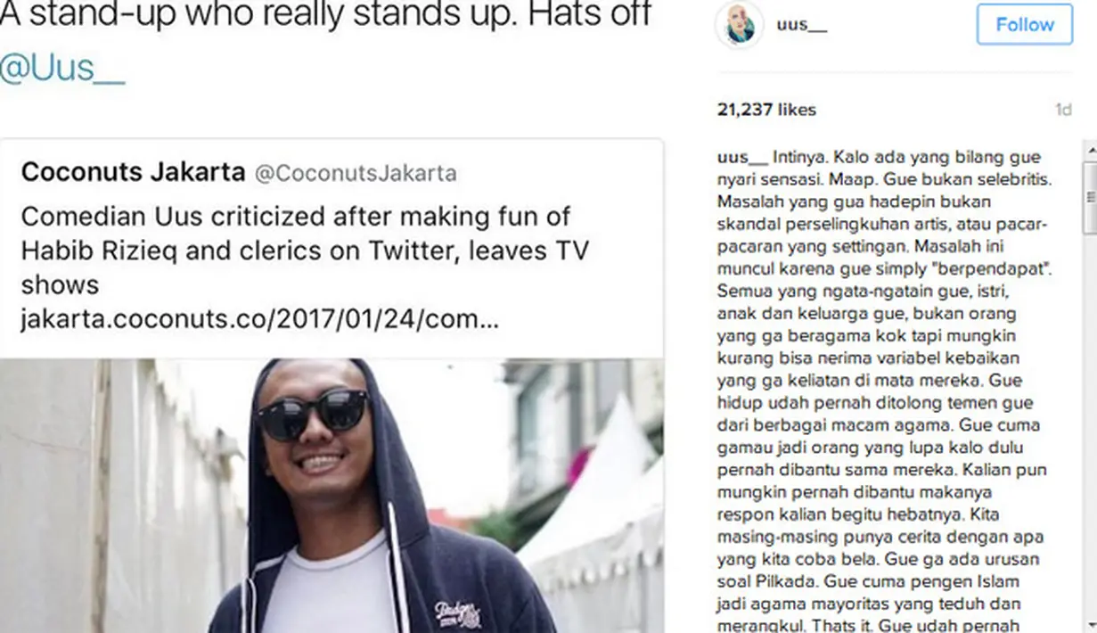 Melalui akun instagram, Minggu, 29 Januari Uus menjawab berbagai tudingan yang dialamatkan pada ayah satu anak itu. Baginya, tulisannya itu bukan bermaksud menyinggung Habib Rizieq ataupun menyinggung agama Islam. (Instagram/uus__)