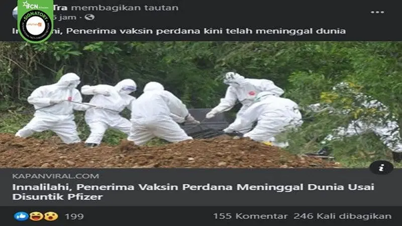 Gambar Tangkapan Layar Kabar tentang Penerima Vaksin Covid-19 Perdana dari Pfizer Meninggal Dunia (sumber: Facebook)