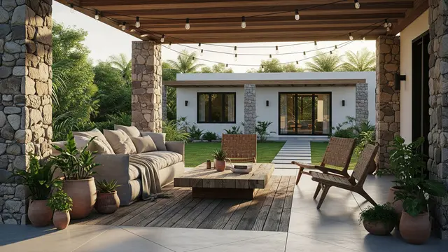 Teras Bergaya Rustic Modern dengan Pilar Kombinasi