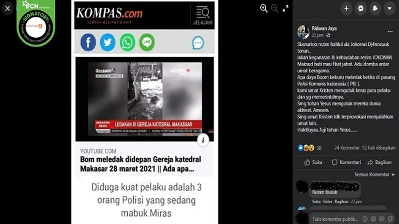 Gambar Tangkapan Layar Kabar Hoaks Pelaku Bom Gereja Katedral Makassar Tiga Polisi yang Sedang Mabuk Miras (sumber: Facebook)