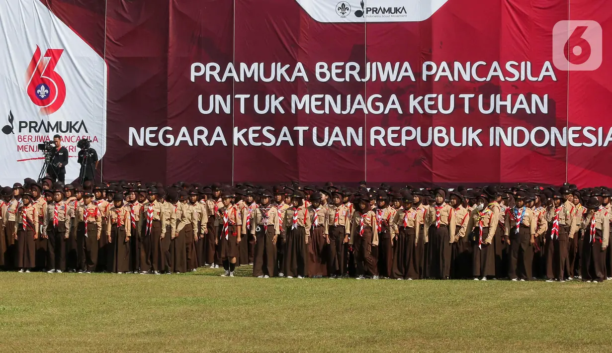 Tema ini dipilih dengan harapan mampu membangun setiap insan pramuka untuk selalu berjiwa Pancasila dan turut serta menjaga Negara Kesatuan Republik Indonesia (NKRI). (Liputan6.com/Herman Zakharia)