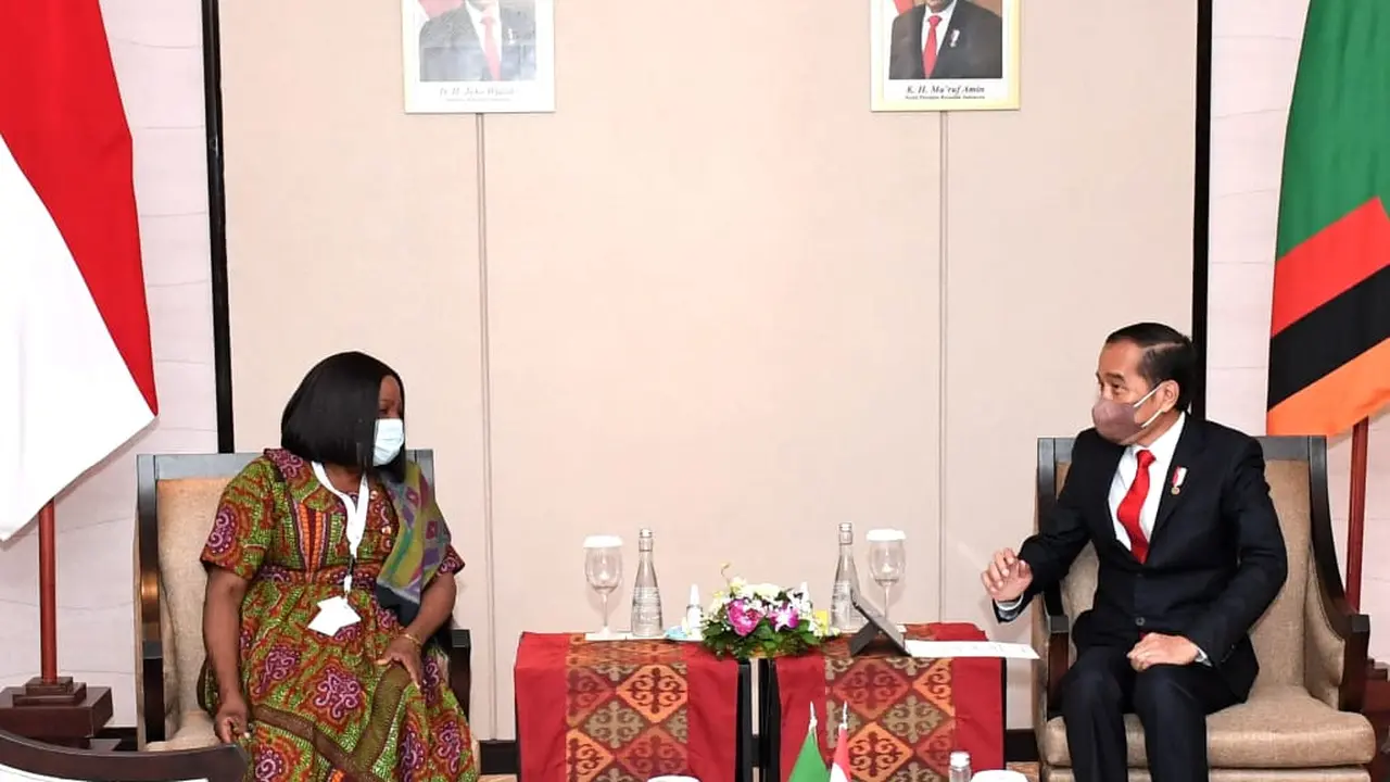 Presiden Jokowi bertemu Wapres Zambia, WK Mutele usai menghadiri pembukaan GPDRR 2022 di Bali, Rabu (25/2/2022). Keduanya membahas kerja sama di bidang ekonomi. (Foto: Biro Pers Sekretariat Presiden)