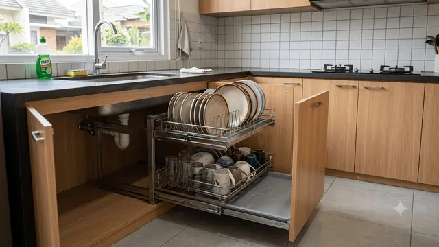 Inspirasi Dapur dengan Rak Piring Tarik