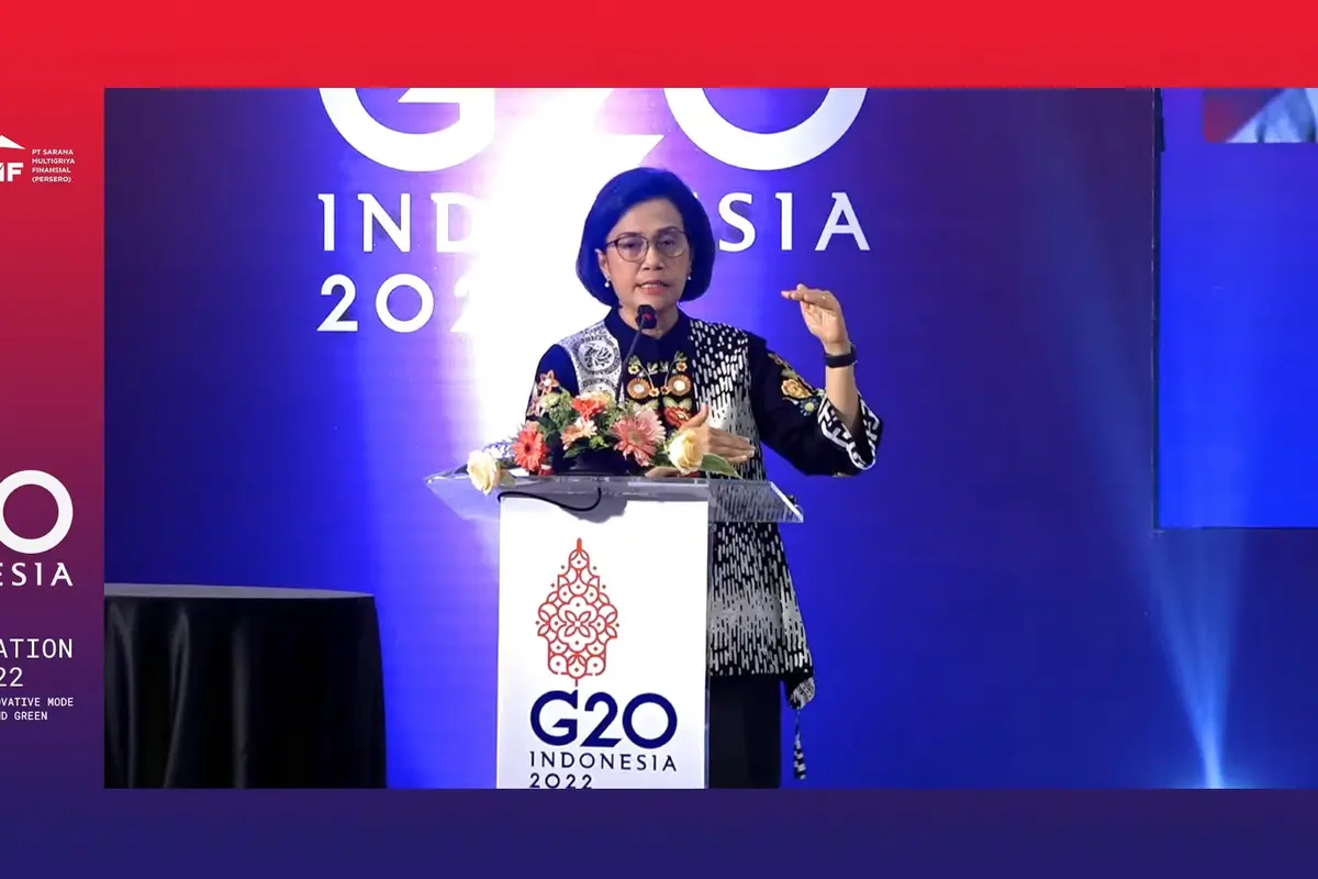 Menteri Keuangan (Menkeu) Sri Mulyani Indrawati dalam Road to G20 Securitization summit 2022, di Jakarta, Rabu (6/7/2022). Dia menyebut isu pangan menjadi sumber terjadinya inflasi global.