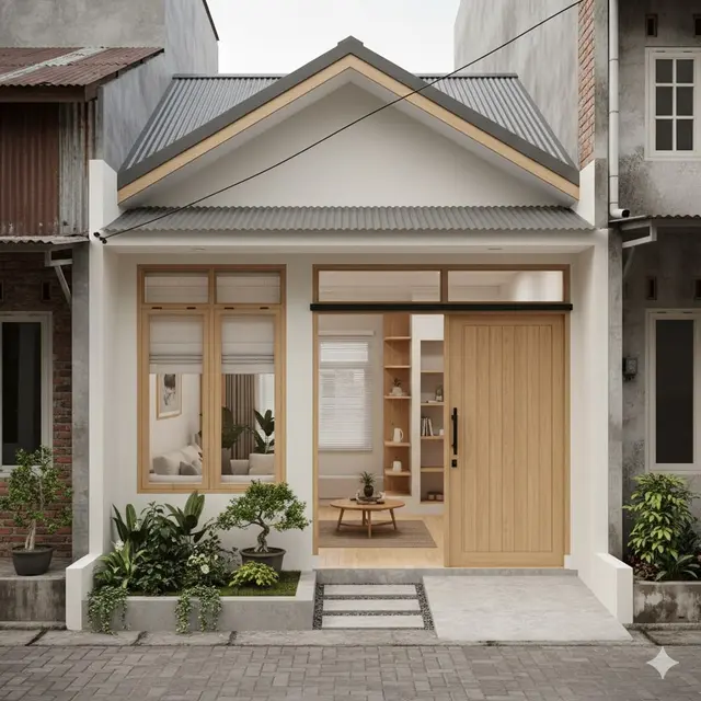 Ilustrasi rumah murah tanpa pagar dengan gaya japandi.