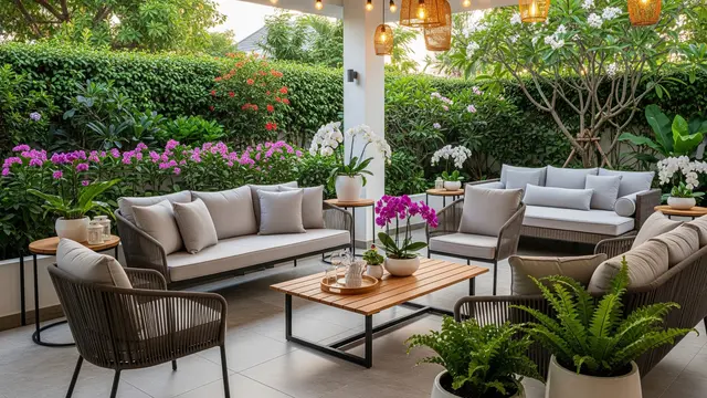 Desain Kebun Rumah di Desa Konsep Villa Modern (AI)
