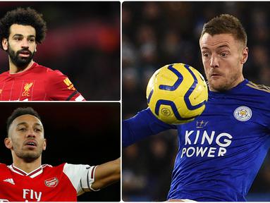 Berikut ini daftar topskor sementara Premier League musim 2019/2020. Jamie Vardy berada di posisi pertama dengan koleksi 19 gol, sementara Mohamde Salah berada di urutan keempat dengan torehan 16 gol. (kolase foto AFP)