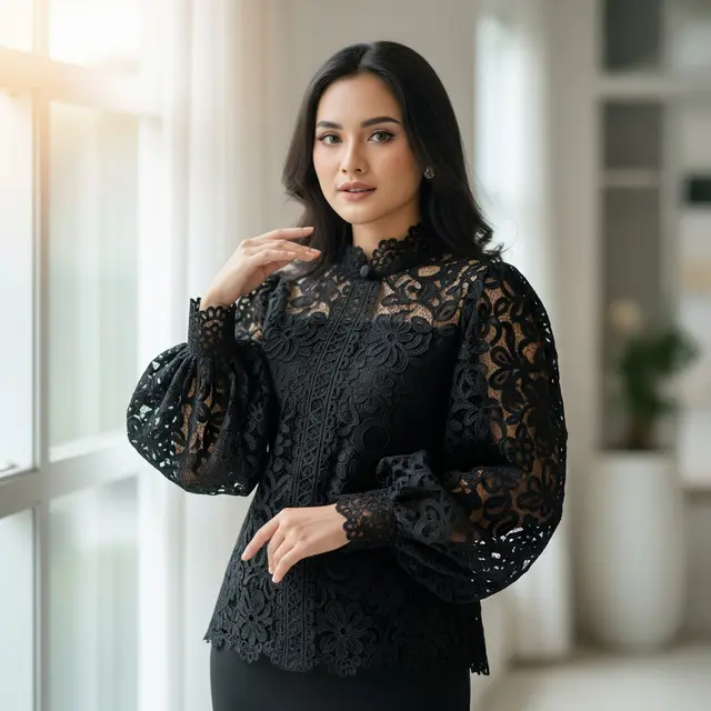 9 Model Atasan Brokat Warna Hitam Elegan, Gaya Klasik Modern