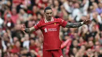 Striker Liverpool, Darwin Nunez, mencetak satu gol ke gawang Southampton dalam lanjutan Liga Inggris 2024/2025 di Stadion Anfield, Sabtu (8/3/2025) malam WIB. (Paul ELLIS / AFP)