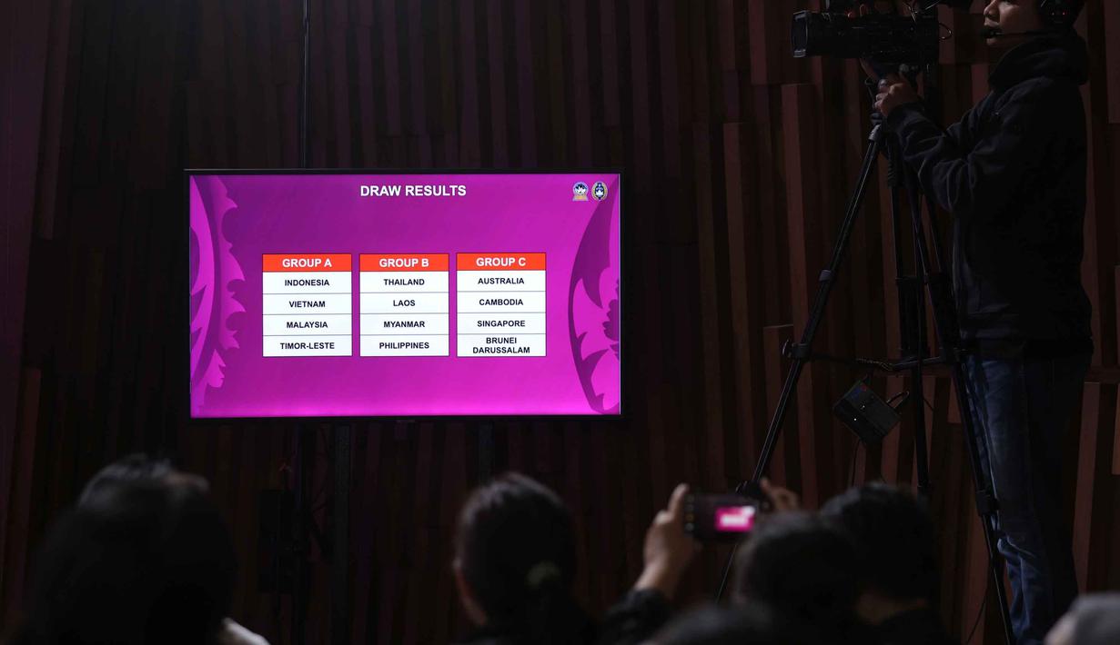 Sedangkan Australia selaku juara bertahan menempati Grup C dengan Kamboja, Singapura dan Brunei Darussalam. Tampak dalam foto, layar monitor menampilkan hasil pengundian fase grup Piala AFF U-17 2026 yang digelar di SCTV Tower, Jakarta, Jumat (6/3/2026). (Bola.com/Bagaskara Lazuardi)