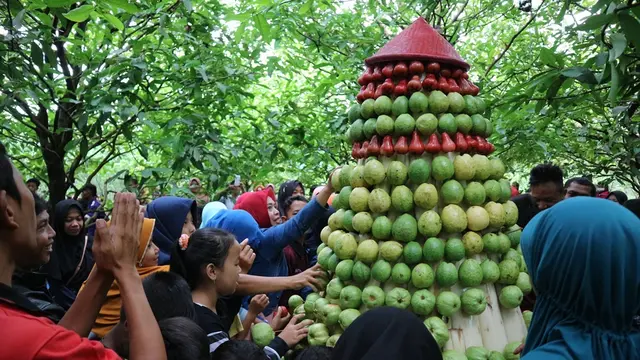 Gunungan buah diperebutkan oleh pengunjung dalam ulang tahun pertama Bitania Garden, Purbalingga. (Foto: Liputan6.com/Dinkominfo PBG/Muhamad Ridlo)