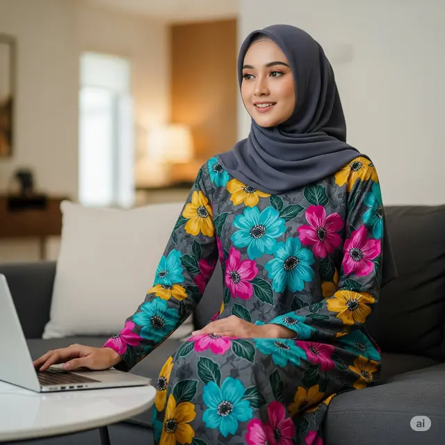Model Gamis Bahan Katun Motif Bunga Terbaru 2025. Foto: Gemini