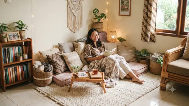 Sudut healing di rumah tanpa renovasi dan biaya mahal yang hasilnya cozy nyaman dengan karpet dan bantal duduk yang cozy