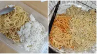 Potret Nyeleneh Makan Spaghetti Pakai Nasi. (Sumber: X/@triokasep/@daygongju)