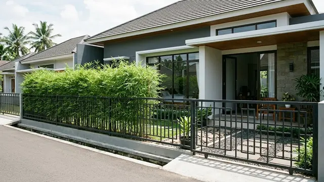 Inspirasi Pagar Besi dengan Bambu Hias agar Halaman Lebih Teduh Model Kotak dengan Deretan Bambu Area Depan