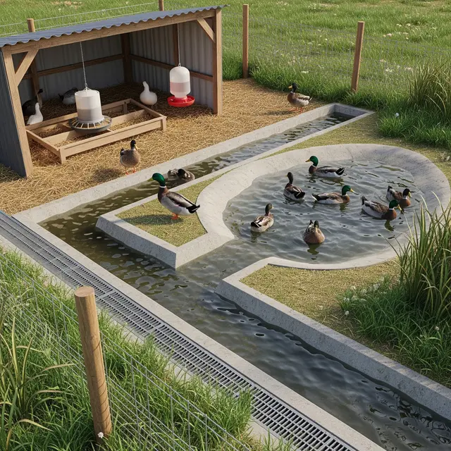 Ide Kandang Bebek dengan Area Kering dan Tempat Berendam (AI Generated)