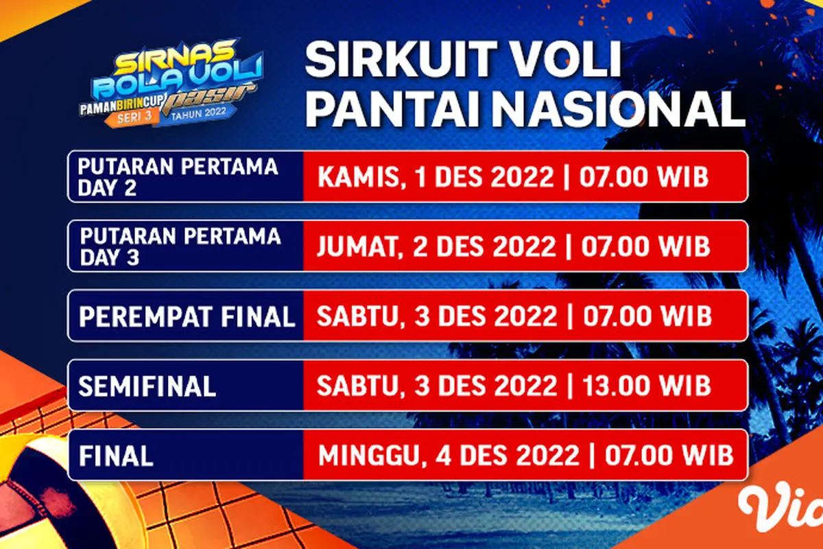 Tonton Live Streaming Sirnas Voli Pantai 2022 Seri 3 di Vidio 1-4 Desember 2022