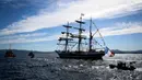 Kapal barque Belem tiga tiang dari abad ke-19 Prancis berlayar di dekat pantai Marseille, Laut Mediterania, pada tanggal 8 Mei 2024. (CHRISTOPHE SIMON/AFP)