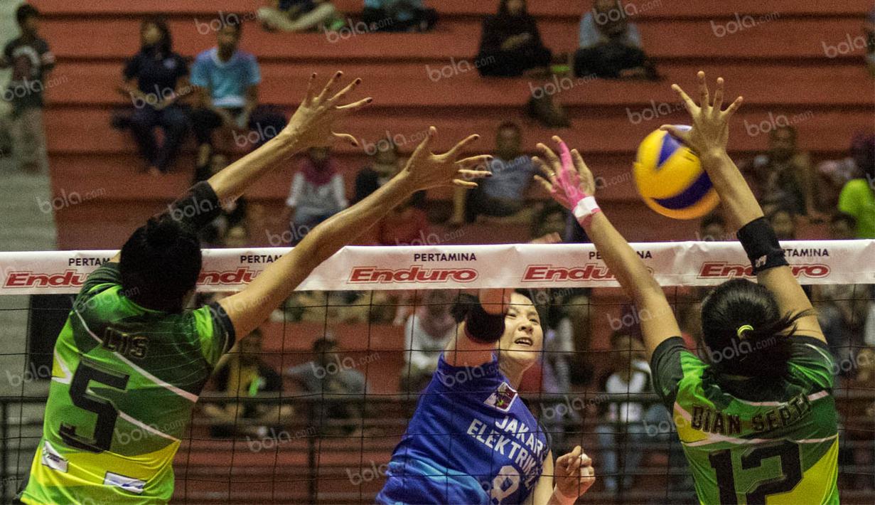 Pevoli Jakarta Elektrik PLN, Zhang Lei, melakukan smash saat melawan Gresik Petrokimia. Jakarta Elektrik PLN menang dengan angka 25-15, 25-21, 27-25. (Bola.com/Vitalis Yogi Trisna)