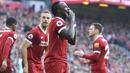 Pemain Liverpool, Sadio Mane merayakan golnya ke gawang Bournemouth pada lanjutan Premier League di Anfield stadium, Liverpool,(14/4/2018). Liverpool menang 3-0.  (Anthony Devlin/PA via AP)