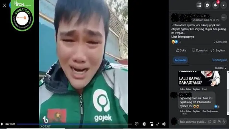 Gambar Tangkapan Layar Video yang Diklaim Tentara China Menyamar Jadi Pengemudi Ojek Online (sumber: Facebook).