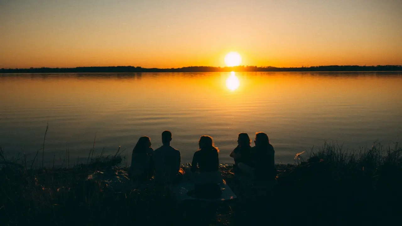 Ilustrasi senja, sunset, matahari terbenam, sahabat