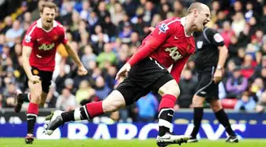 Selebrasi gol striker Manchester United Wayne Rooney ke gawang Blackburn Rovers dalam lanjutan Liga Premier, 14 Mei 2011. AFP PHOTO/GLYN KIRK