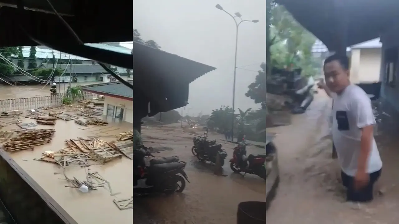 Tangkapan layar rekaman video yang beredar di medsos menunjukkan sejumlah pemukiman warga di Bandar Lampung terendam banjir. Foto : (Istimewa).