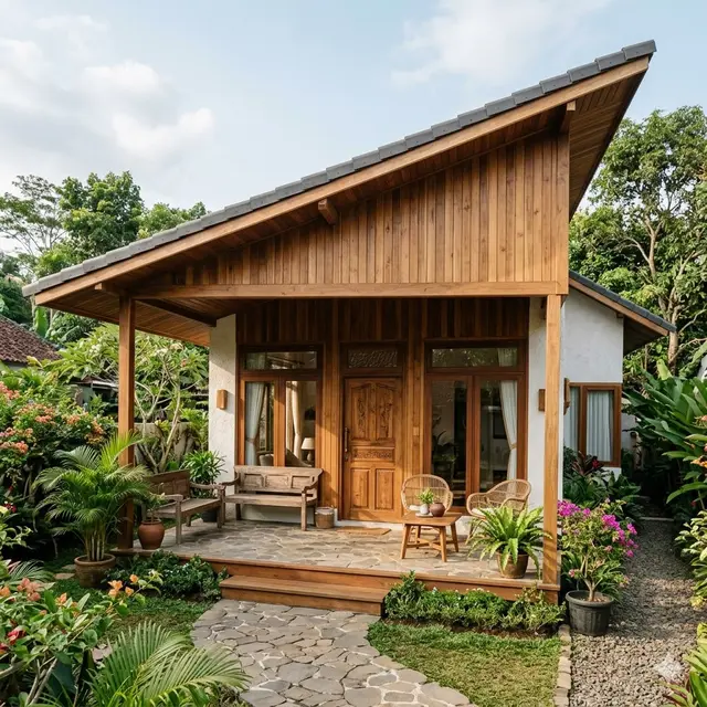 Desain Fasad Rumah Desa dengan Atap Miring