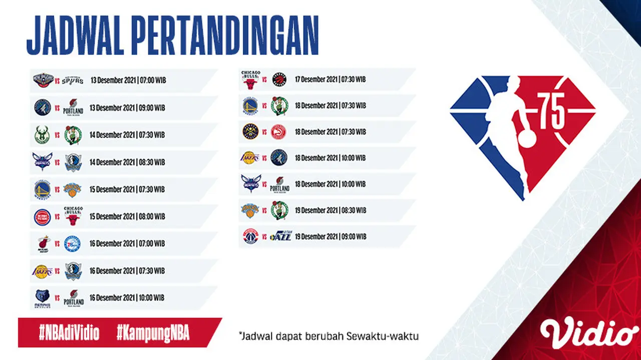 Jadwal Live Streaming NBA 2021/2022 Pekan Ini di Vidio, 13-19 Desember 2021
