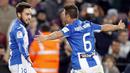 Pemain Leganes merayakan gol yang dicetak Unai Lopez ke gawang Barcelona. Leganes sempat menyamakan kedudukan 1-1 pada menit ke-71 setelah Unai Lopez memanfaatkan umpan Daniel Machis. (EPA/Alberto Estevez)