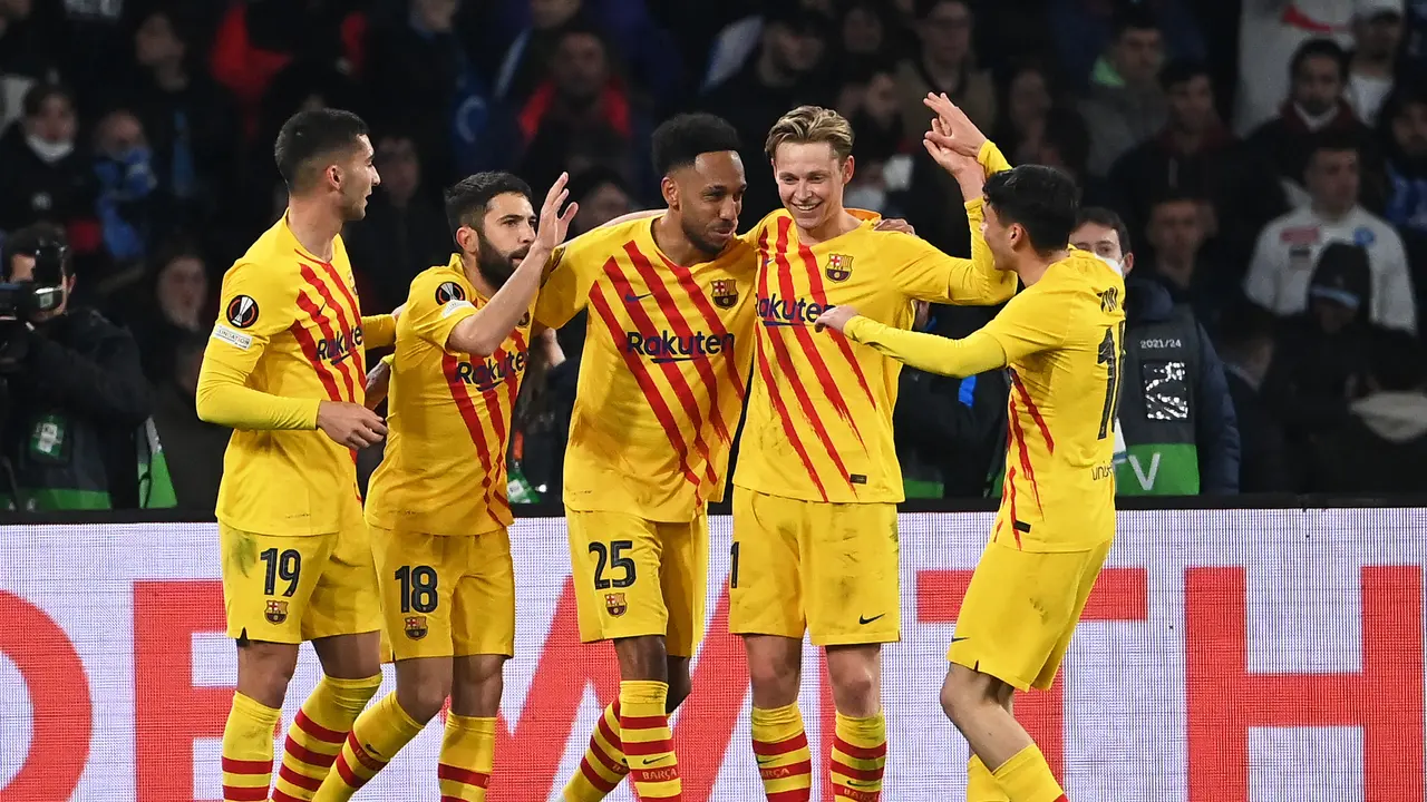 Selebrasi pemain Barcelona saat menghajar Napoli di Liga Europa