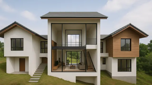 Model Desain Rumah L-Shape Dua Lantai Split-Level/Ilustrasi gambar oleh AI