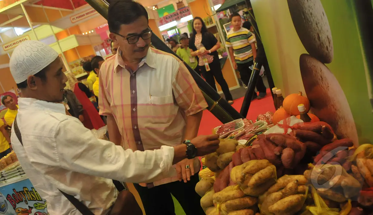 Salah satu peserta pameran menerangkan produknya kepada Menteri Agraria dan Tata Ruang Ferry Mursyidan Baldan saat meninjau pameran Agrinex Expo ke-9 di JCC, Jakarta, Sabtu (21/3/2015). (Liputan6.com/Johan Tallo)