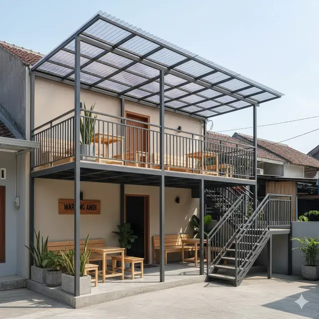 Desain Teras Rumah Kombinasi Baja Ringan Cocok untuk Warung Kecil. Gemini