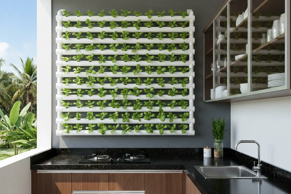 Inspirasi Desain Dapur Semi Terbuka Menyatu dengan Kebun Sayur Mini. AI