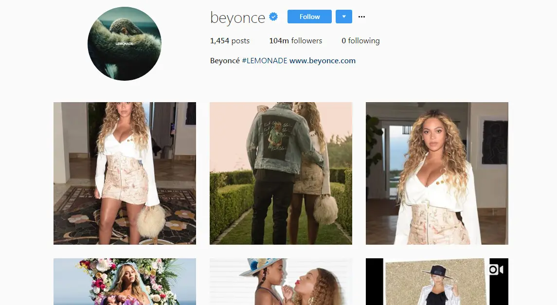 Akun Instagram Beyonce Knowles punya banyak follower tapi tidak mengikuti satu akun pun (Liputan6.com/ Agustin Setyo W)