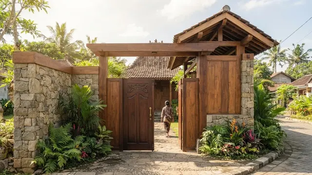 Model gapura rumah sederhana dengan sentuhan kayu yang elegan sehingga bikin hunian biasa jadi megah dengan desain dinding batu