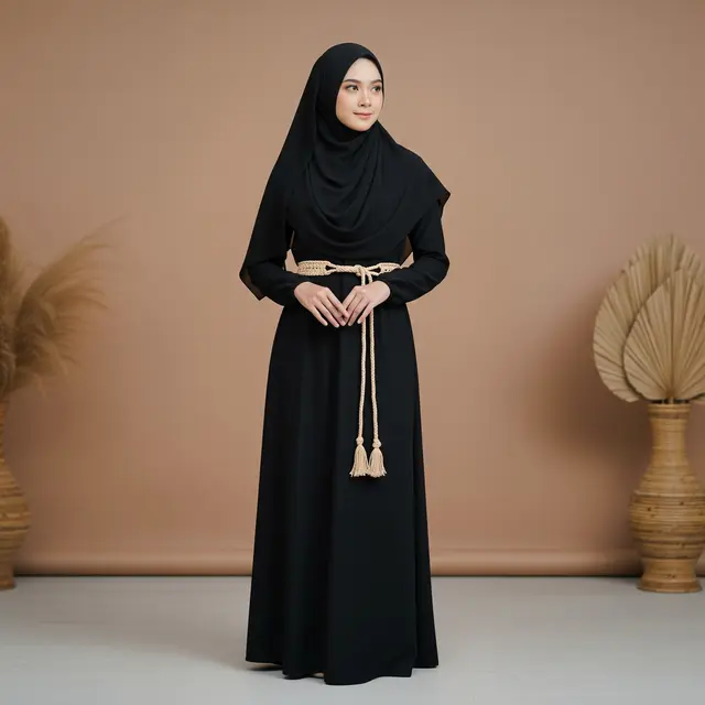 Model Gamis Terbaru Hitam Kombinasi Belt