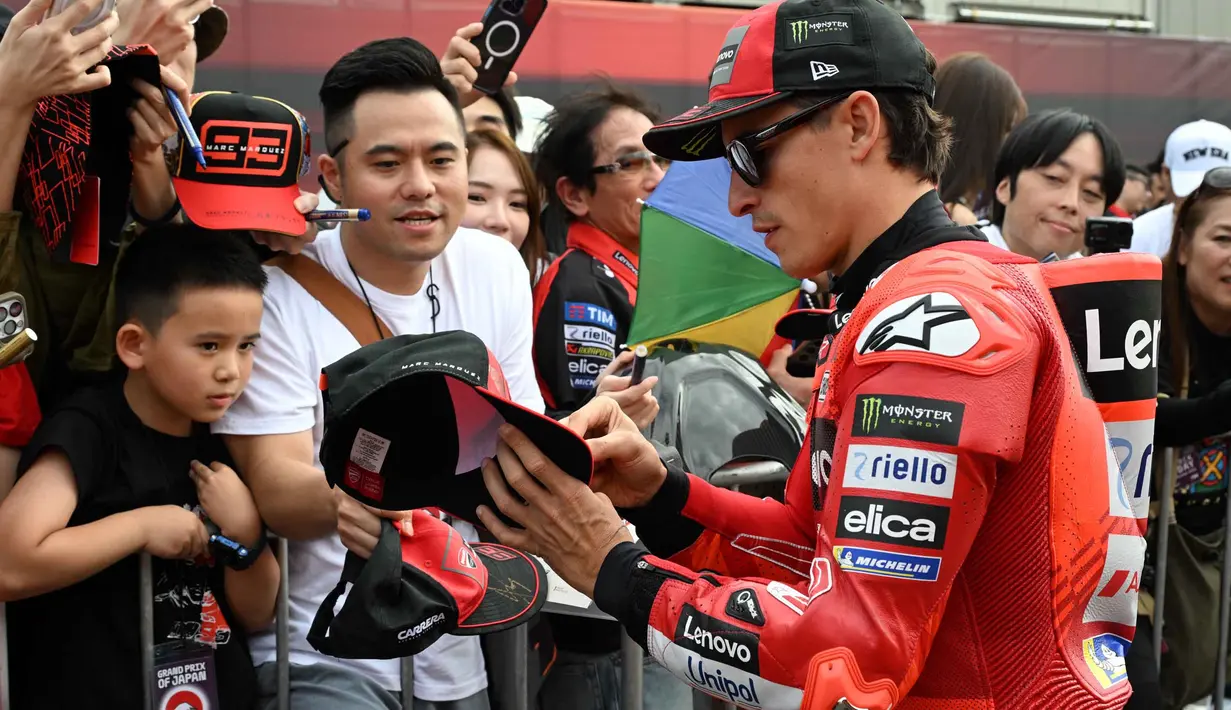 Sirkuit Motegi di Jepang berpeluang menjadi saksi sejarah bagi pembalap Ducati, Marc Marquez meraih gelar juara musim 2025. (TOSHIFUMI KITAMURA/AFP)