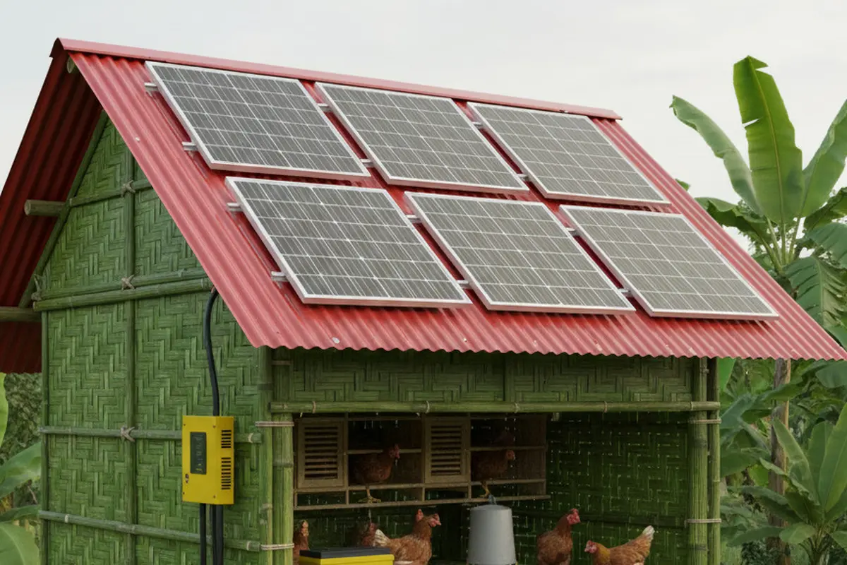 Desain Kandang Ayam dengan Atap Solar Panel Mini. AI